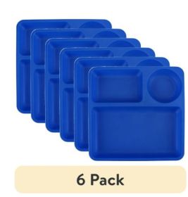 (6 pack) Your Zone Blue Divided Plastic Square Tray Plate, Single Piece